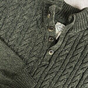 Mens St. John’s Bay Army Green Cable Knit Button Mock Neck Thick Cozy Sweater XL